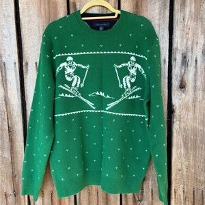 Tommy Hilfiger Lux Cotton Ski Sweater Large Green Skier‎ Graphic Winter Preppy
